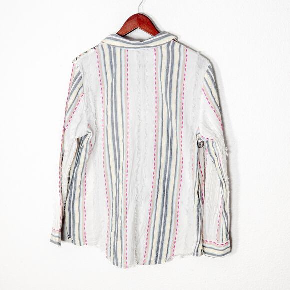 Chico’s Women’s Top Garden Girl Floral Stripe Beaded Embroidery Button Up Size L - Picture 2 of 10